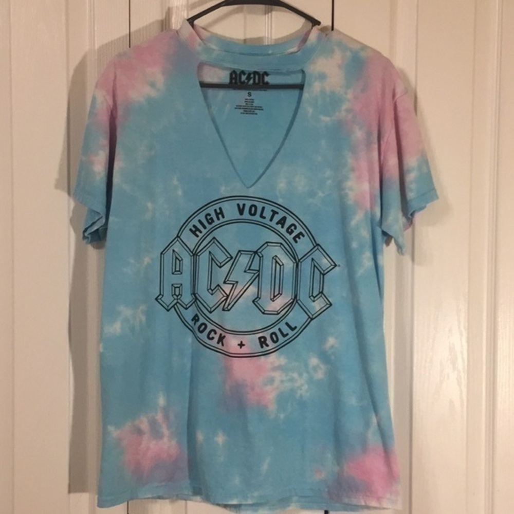 FINAL $ AC/DC tie dyed diy T-shirt blue,pink & whi…